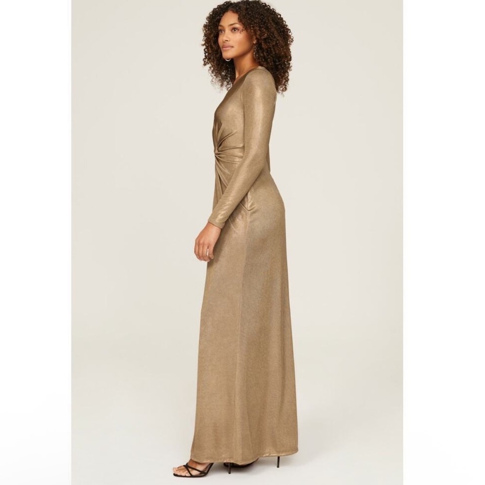 Lauren Ralph Lauren Size 2 Twist Front Jersey Maxi Shift Dress Gold Long Sleeves - Picture 8 of 11